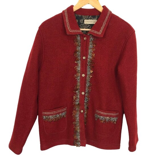 Vtg Canvasbacks Red Wool Jacket Women's Medium Feather Trim Button Front Western - Picture 1 of 7